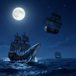 moonlit ocean, stars in sky, leviathan attacking pirate ship flying in the sky by peter balke