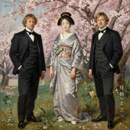 Solomon Joseph Solomon and Richard Schmid and Jeremy Lipking victorian genre painting full length portrait painting of a young beautiful woman from japan with cherry blossoms and cherry trees