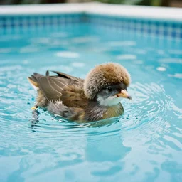 a kiwi bird with a wooly hat swimming in a pool, 35mm photograph