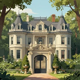 Erie turn of the century mansion with an ancient portal in it\'s forested backyard illustration