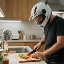 person in a kitchen, wearing a motorcycle helmet, cutting food with a knife, painting by mark keathley