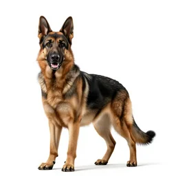 striped german shepherd, high detail photograph, full body, isolated on a pure white background, centered, entire subject in frame, sharp focus, soft studio lighting