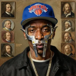 high quality celebrity painting of rap artist mf doom, hip hop artist mf doom in a ny knicks hat, mf doom portrait by the old dutch masters, 1 0 ¢ pieces in background, rembrandt, hieronymous bosch, frans hals