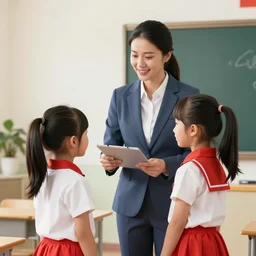 Asian superhero teacher lady playing with her 2 little daughters, asian propaganda poster for the new generations