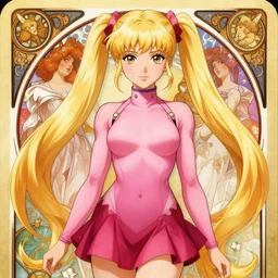 portrait of cute blond anime girl, with huge long pigtails, skintight pink bodysuit, dark pink miniskirt, extremely detailed, digital illustration, by rossdraws, alphonse mucha, frank fanzzeta, collectible card art