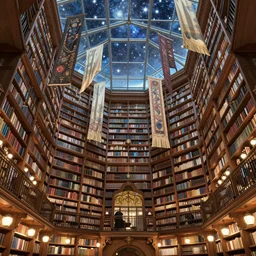 splendid librarian of a polygonal library walls and glass ceilings showing the stars and hanging silk drapery and tapestries, light dust, magnificent, close up, details, sharp focus, elegant, highly detailed, illustration, by Jordan Grimmer and greg rutkowski and PiNe(パイネ) and 薯子Imoko and 香川悠作 and wlop and maya takamura, intricate, beautiful, Trending artstation, pixiv, digital Art