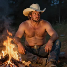 an ethereal painting of a rugged handsome shirtless man with a beer belly and cowboy hat sitting by a campfire