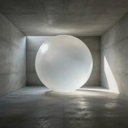 an empty concrete room with a massive translucent blob in the middle