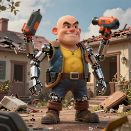 grumpy chunky bald handyman with cyborg powertool arms, in a wrecked home, full body, hyperrealistic digital art masterpiece, highly detailed neo pop surrealism, jason limon kay sage hannah yata, dramatic lighting, low angle, uhd 8 k, sharp focus