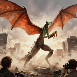 a mantis kaiju with spread wings attacking a city, legendary epic shot, blade runner, low camera angle, dust,  by artgerm, cloverfield movie, julie bell, beeple and Greg Rutkowski, airbrush, concept art, matte painting, 80s, Smooth gradients, octane render, 8k, High contrast, duo tone, depth of field, volumetric lightning, very coherent artwork