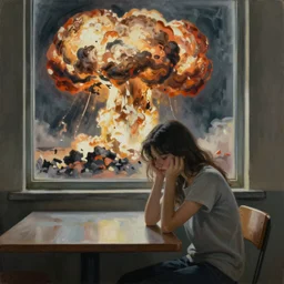 a beautiful sad girl is sitting at the table and huge nuclear explosion is in the window, painting in style of Malcolm Smith