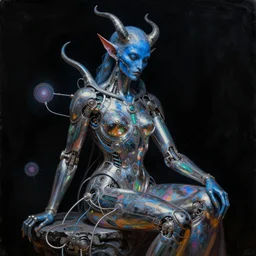 neoclassicist renaissance sci - fi portrait of a colorful chrome marble of seated blue demon, with cyber body implants interfaces connected to singularity. iridescent textures. black background. highly detailed fantasy science fiction painting by chris cunningham and mikhail vrubel. dark and volumetric. trending on artstation