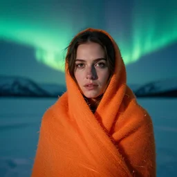 closeup portrait of a woman wrapped in orange fiber, standing in alaska, aurora borealis in background, color photograph, by vincent desiderio, canon eos c 3 0 0, ƒ 1. 8, 3 5 mm, 8 k, medium - format print