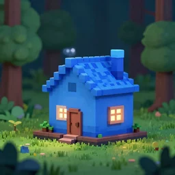 3 d pixel art, cute blue house in a forest at night, octane render, houdini render, 8 k