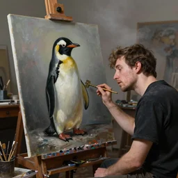 an exhausted painter in his studio painting a picture of a sexy penguin - key lighting, soft lights, foggy, by steve hanks, by edgar maxence, by caravaggio, by michael whelan, by delacroix, by lisa yuskavage, by serov valentin, by tarkovsky, 8 k render, detailed, oil on canvas