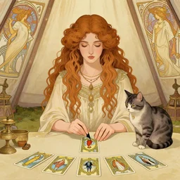 lady with long curly hair with a cat beside her, with celtic spread tarot cards on a table in front of her, in a gypsy tent with Alphonse Mucha art nouveau poster style, with thin lines and pastel colors,