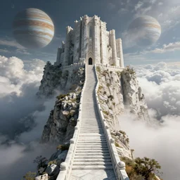 highly detailed cliffside paths leading up to a citadel made out of marble surrounded by Jupiter's clouds, octane render, precisionist style, 8K HD, unreal engine, fantasy art