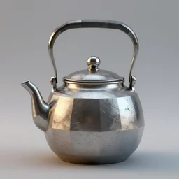 a low poly metallic teapot with scratches, 3d render