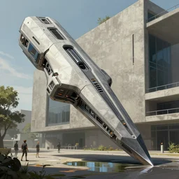 render of huge futuristic spaceship in the shape of a chisel, by Ian McQue, Rutkowski, Lee madgwick and Hubert robert, concrete building by le corbusier on the background, puddles of water, trees and bushes, blade runner style, highly detailed, scifi, digital painting, artstation, concept art, smooth, sharp foccus ilustration, Artstation HQ