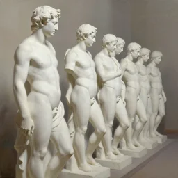 a line of white stone male statures lined up, oil paint, volume light