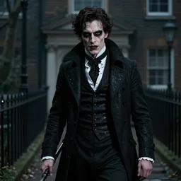 frank dillane hunting vampires in london, victorian era, old english garb, gothic, horror, realistic, intricate, detailed, scary, beautiful, trending on artstation, masterpiece, sexy, seductive, handsome, cool, badass