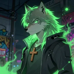 cyberpunk anime wolf with a green aura, cyberpunk wooden cross around its neck, 3 / 4 shot, street night, beautiful face, grafity, arcane, detail, good face, pose model, concept art, in style of yoji shinkawa, pan ren wei, col price, atey ghailan, by greg rutkowski, aesthetic, digital painting, 3 d