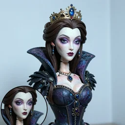 photo taken of an epic intricate, ultra detailed, super realistic bust of a majestic gracious regal aristocratic brunette female vampire stop motion puppet created by weta workshop, menacing, some zoomed in shots, photorealistic, sharp focus, white wall, extremely cold blueish colour temperature, 3 5 mm, f 1. 4, golden ratio