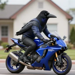 a Crow riding a blue Yamaha R1, hyperrealistic, concept art, octane render, unreal engine 5, trending on DeviantArt, highly detailed, high quality, 8K, soft lighting, cute, natural lighting, realistic face, trending on Artstation, elegant clothes, profile picture, path traced, house background