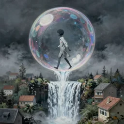 hyperrealist painting in the style of studio ghibli of a skinny grey scientist walking out of a bubble in the sky in a waterfall from howl's moving castle ( 2 0 0 4 ) suburbs. moody, misty, depth perception.