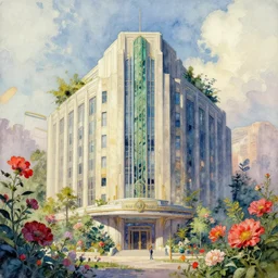 a painting of an art deco building surrounded by flowers, a watercolor and matte painting by beeple and rhads and maxfield parrish, cgsociety, artdeco, dystopian art, sci - fi, artstation hq