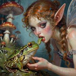 close up still of a Horrifying hyper realistic godlike fairy eating a live a frog , detailed mushroom village in the background , low angle, Greg rutkowski legendary matte painting, post-processing, fantasy , masterpiece , junji ito, painting , vibrant colors