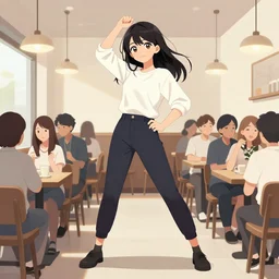 ( ( dither ) ), editorial illustration portrait of miona hori posing for a crowd inside a cafe interior, dynamic pose, modern art deco, colorful, ( ( mads berg ) ), christopher balaskas, victo ngai, rich grainy texture, detailed, dynamic composition, wide angle, matte print