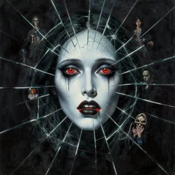 a beautiful terrifying painting dark gothic glass face shattered by norman rockwell takato yamamoto, jack kirby, ruan jia, moebius syd mead roger dean