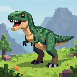 an isometric pixel art of chronic dinosaur t - rex, mountain background, ultrasharp, detailed, cinematic, minecraft pixel art by ayami kojima, beksinski, giger