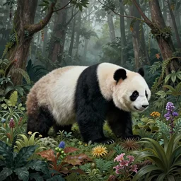 gigantic panda with a lot details, a lot of exotic vegetation, trees, flowers, dull colors, in the foggy huge forest, by moebius, junji ito, tristan eaton, victo ngai, artgerm, rhads, ross draws, hyperrealism, intricate detailed