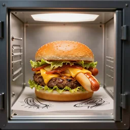 a burger inside a safe vault fill with hotdogs eating them, scratched drawing