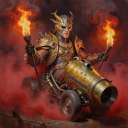 fine art oil painting varied muck jeweled high fantasy drag race, red mustard gas fog, by walt peregoy, jack gaughan high resolution, torch light shot by artstation winner, macro lens, 8 k resolution