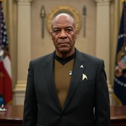 photo portrait of star trek worf as president of the united states wearing a suit, in the oval office interior, klingon weapons decorating the walls, ( ( photograph ) ), moody, realistic, detailed, skin tinted a warm tone