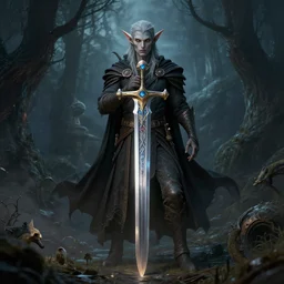 Mythic Sword created by a mage elf by Greg rutkowski, Detailed, Realism, Surrealism