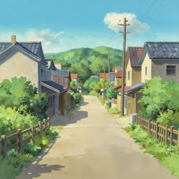 a gouache painting of a empty small village walkway panorama with small fences, bushes, a matte painting by makoto shinkai, studio ghibli, featured on pixiv, plein air, speedpainting, painterly, matte drawing