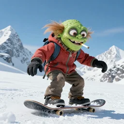Gollum on snowboard with cigarette in mouth