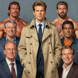 full body and head portrait of martyn ford wearing a trench coat vs dave bautista as juggernaut, painted by norman rockwell and phil hale and greg staples and tom lovell and frank schoonover and jack kirby