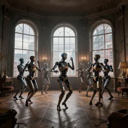crowd of cyborgs dancing in a 1 8 th century room, rule of thirds, old furnitures, wooden parquet, dramatic, cloudy modern city outside of big windows, cables as wall decorations, volumetric lighting, low angle camera, octane render, depth haze, cinematic, glow