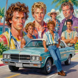 a mixed media painting of crockett and tubbs, car, miami vice eighties, detailed facial features, by frank frazetta, greg rutkowski, beeple, yoko taro, christian macnevin, beeple, wlop and krenz cushart, epic fantasy character art, volumetric indoor lighting, midday, high fantasy, cgsociety, cheerful colours, full length, exquisite detail, post - processing, masterpiece, cinematic