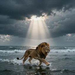 lion running on the sea under dark clouds and volumetric light, the horizon, cinematic movie shot, 8 k, hyper render and cinematic