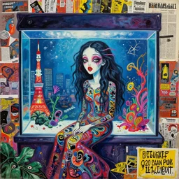 acrylic painting of a bizarre nightmare woman in front of an aquarium in tokyo, mixed media collage by basquiat and jackson pollock, maximalist magazine collage art, retro psychedelic illustration