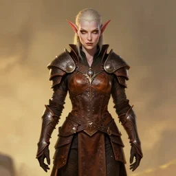 beautiful character design of an aasimar wearing leather armor, light skin, golden eyes, d&d, full body, warm lighting, symmetrical face, subtle vibrancy, pathfinder, by christophe young, charlie bowater