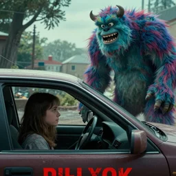 a 8 0 s movie poster about a girl stuck in a car with a monster outside waiting to eat her