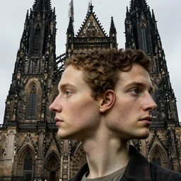 colour photo of a human head morphing in together with a gothic cathedral, anatomically correct, moody, highly detailed, rule of thirds, sharp focus, art by raphael, john william godward, alphonse mucha, android jones