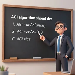 A black board with an equation that shows how an AGI algorithm should be coded, a professor standing next to the board, 4k wide lenses photograph, unreal engine 5 full rendering, depth of field, 3D